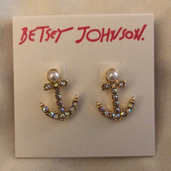 Betsey Johnson Gold Tone Cruise Control Anchor Stud Earrings Crystal Accents NWT - Picture 1 of 11